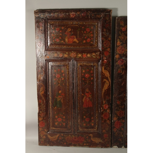 170 - TWO 19TH CENTURY PERSIAN QAJAR LACQUERED WOODEN DOORS, painted with various figures as well as birds... 