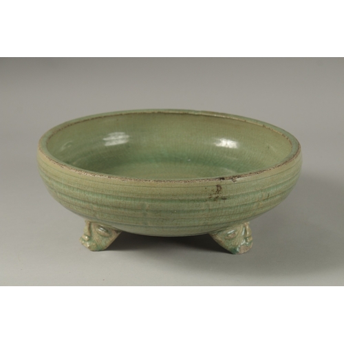 173 - A 16TH CENTURY GREEN GLAZED DEEP CIRCULAR BOWL, raised on three lion feet. 13cm high, 30cm wide.