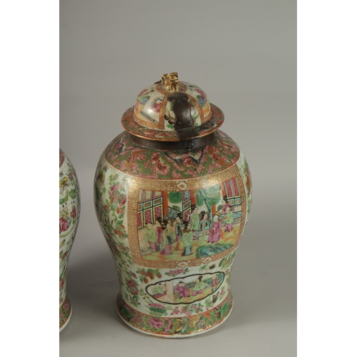 176 - A GOOD PAIR OF 18TH CENTURY CANTON ENAMELLED GINGER JARS AND COVERS, with metal mounts, painted with... 