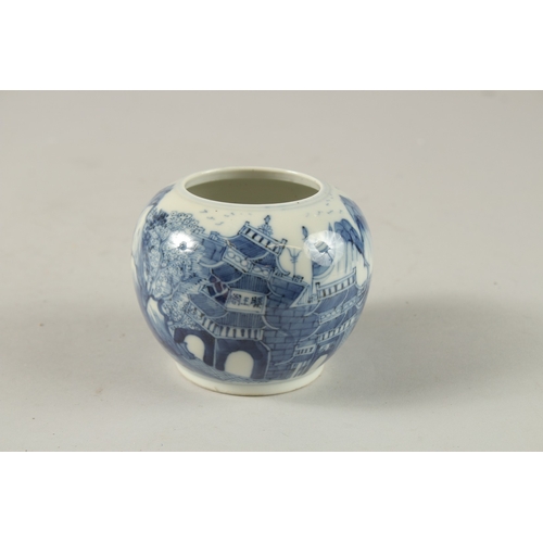 181 - A SMALL CHINESE BLUE AND WHITE PORCELAIN BULBOUS VASE, painted with a continuous landscape scene wit... 