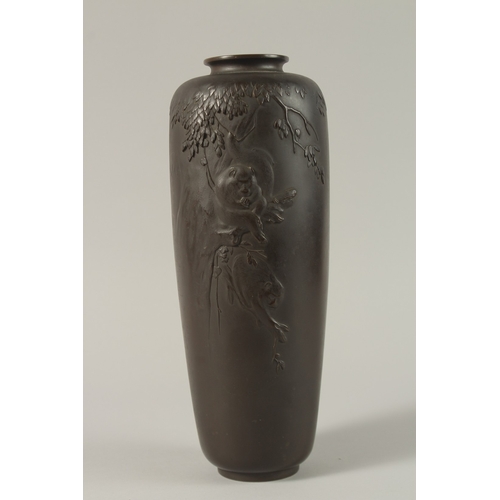 184 - A FINE JAPANESE MEIJI PERIOD BRONZE VASE, relief decorated with monkeys in a tree, signed to the bas... 