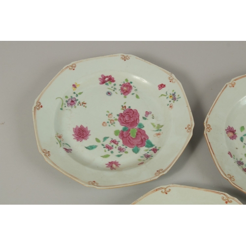 19 - THREE CHINESE FAMILLE ROSE PORCELAIN PLATES, 23cm wide, (3).