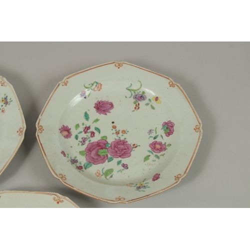 19 - THREE CHINESE FAMILLE ROSE PORCELAIN PLATES, 23cm wide, (3).