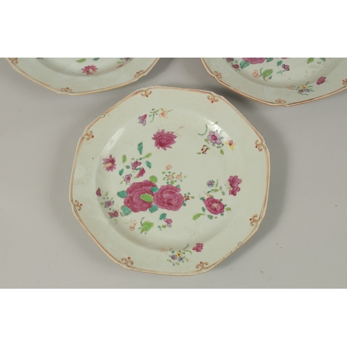 19 - THREE CHINESE FAMILLE ROSE PORCELAIN PLATES, 23cm wide, (3).