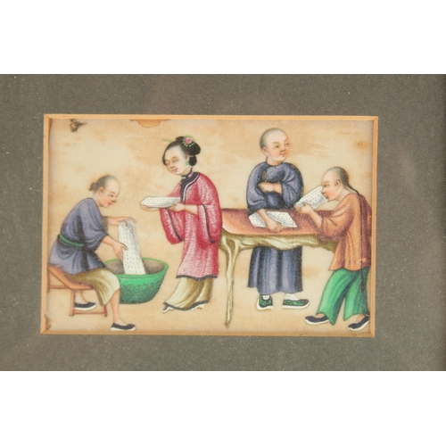 196 - A COLLECTION OF NINE SMALL CHINESE PITH PAINTINGS, framed and glazed in sets of three, (3).