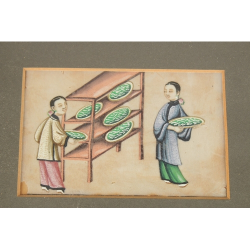 196 - A COLLECTION OF NINE SMALL CHINESE PITH PAINTINGS, framed and glazed in sets of three, (3).