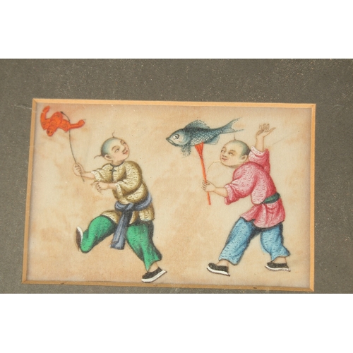 196 - A COLLECTION OF NINE SMALL CHINESE PITH PAINTINGS, framed and glazed in sets of three, (3).