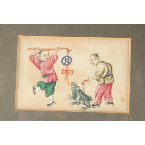 196 - A COLLECTION OF NINE SMALL CHINESE PITH PAINTINGS, framed and glazed in sets of three, (3).