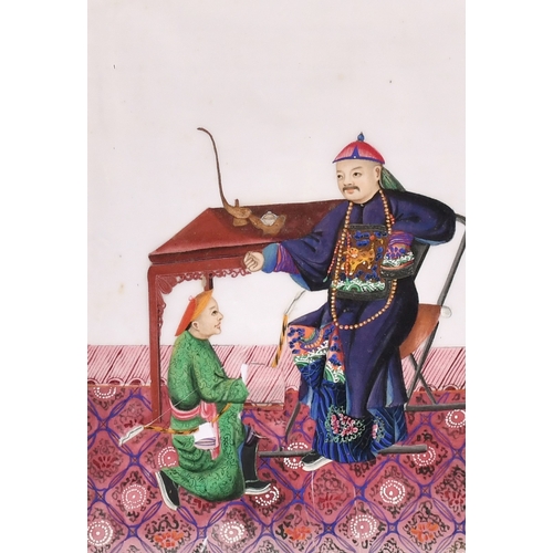 198 - 19TH CENTURY CHINESE SCHOOL. A BOY KNEELING BEFORE A HIGH RANKING OFFICIAL, watercolour on rice pape... 