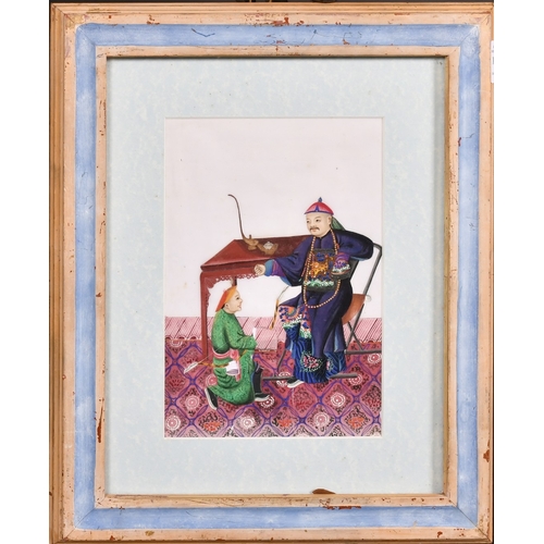 198 - 19TH CENTURY CHINESE SCHOOL. A BOY KNEELING BEFORE A HIGH RANKING OFFICIAL, watercolour on rice pape... 