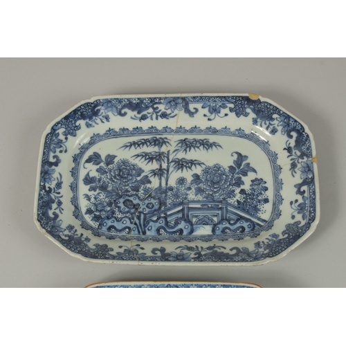 2 - TWO CHINESE BLUE AND WHITE PORCELAIN SQUARE FORM DISHES, (af), largest 26.5cm x 17.5cm.