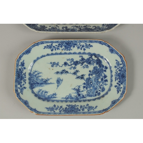 2 - TWO CHINESE BLUE AND WHITE PORCELAIN SQUARE FORM DISHES, (af), largest 26.5cm x 17.5cm.