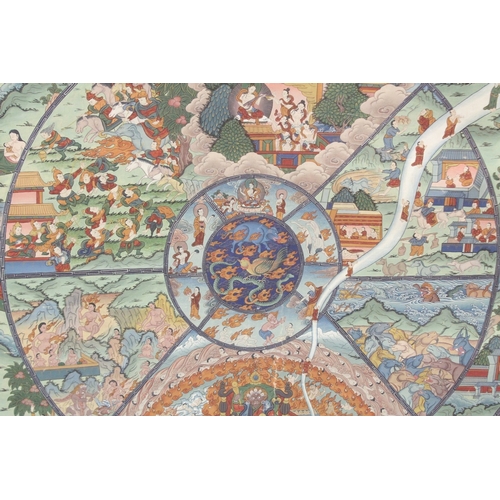 203 - A VERY FINE AND LARGE TIBETAN 'WHEEL OF LIFE' THANGKA, beautifully painted with various deities, fig... 