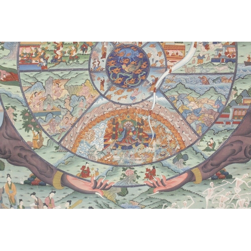 203 - A VERY FINE AND LARGE TIBETAN 'WHEEL OF LIFE' THANGKA, beautifully painted with various deities, fig... 