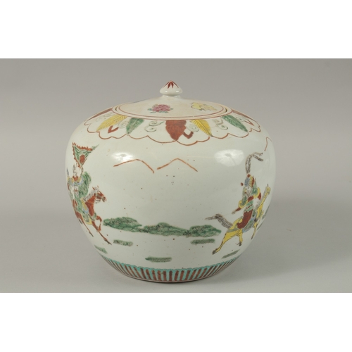 21 - A CHINESE POLYCHROME PORCELAIN JAR AND COVER, painted with warriors on horseback, character mark to ... 