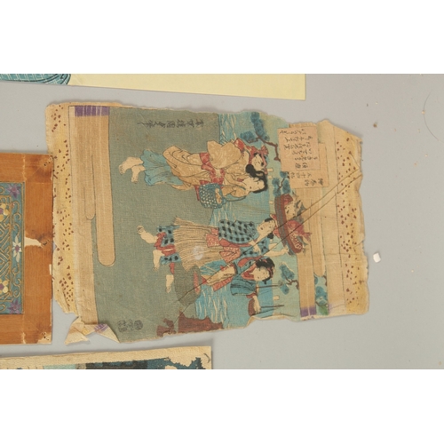 216 - A MIXED LOT OF FOUR JAPANESE PRINTS, together with a small embroidered silk panel, (5).