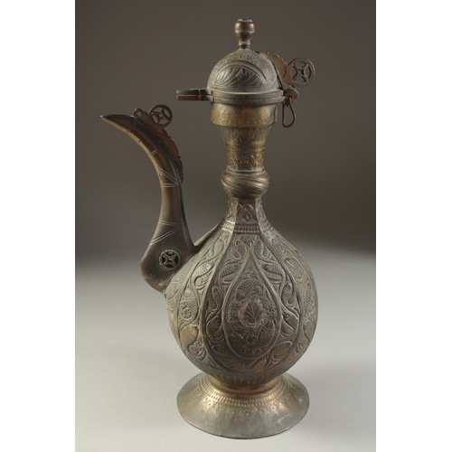 218 - A FINE INDIAN BRASS EWER, with embossed and chased fish decoration, 40cm high.