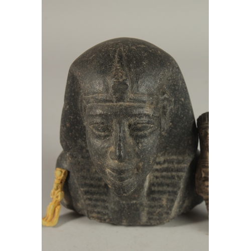 230 - A RARE LARGE POSSIBLY ANCIENT EGYPTIAN CARVED BLACK STONE BUST, 15cm high, along with two other pott... 