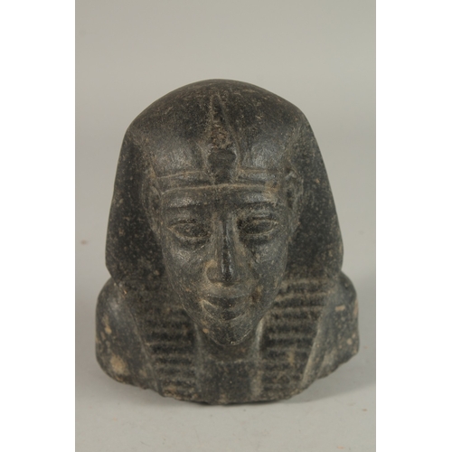 230 - A RARE LARGE POSSIBLY ANCIENT EGYPTIAN CARVED BLACK STONE BUST, 15cm high, along with two other pott... 