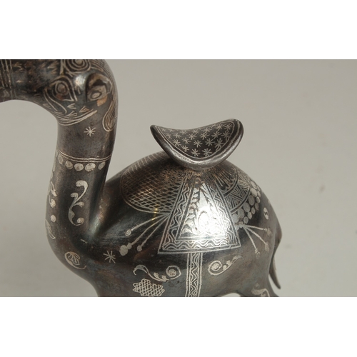 232 - A FINE PERSIAN SILVER INLAID STEEL CAMEL, 19.5cm high.