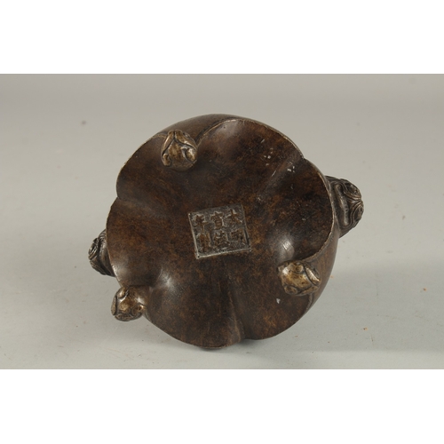 234 - A CHINESE BRONZE TRIPOD CENSER, with lion face handles, the base with character mark, 17cm wide (han... 