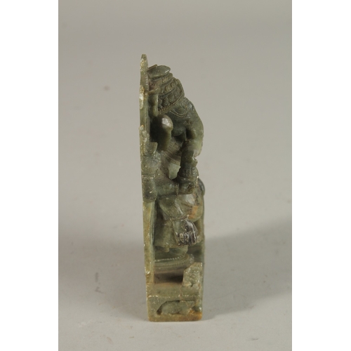 237 - A FINELY CARVED 19TH-20TH CENTURY SOUTH INDIAN GREEN STONE GANESH, 13cm high.