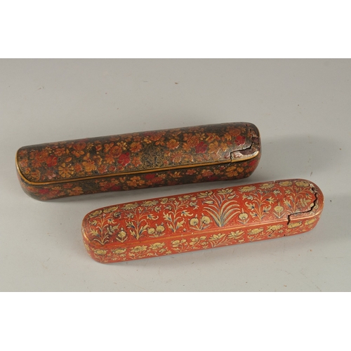 238 - TWO LARGE 19TH CENTURY INDIAN KASHMIR LACQUERED PEN BOXES, largest 31cm long, (2).