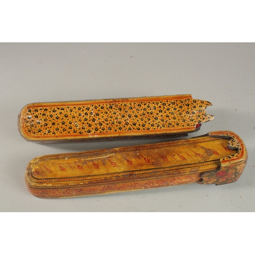 238 - TWO LARGE 19TH CENTURY INDIAN KASHMIR LACQUERED PEN BOXES, largest 31cm long, (2).