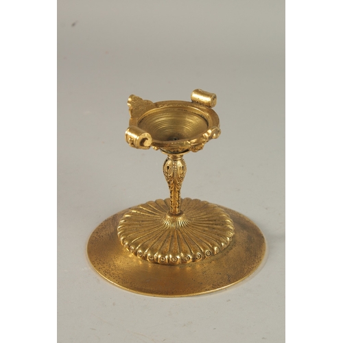 239 - A RARE 19TH CENTURY FRENCH GILT BRONZE TAZZA, with a central enamel plaque with a portrait of an Ott... 