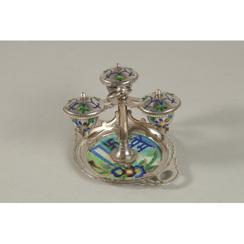 240 - AN UNUSAL ENAMELLED SILVER SPICE CONTAINER, 8cm high, weight 200g.