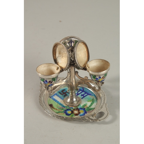 240 - AN UNUSAL ENAMELLED SILVER SPICE CONTAINER, 8cm high, weight 200g.