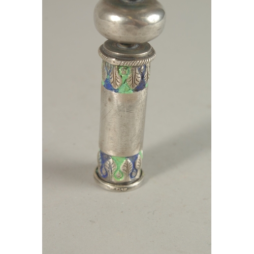 242 - A 19TH CENTURY INDIAN ENAMELLED SILVER HUQQA MOUTH PIECE, 14.5cm long.