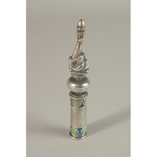 242 - A 19TH CENTURY INDIAN ENAMELLED SILVER HUQQA MOUTH PIECE, 14.5cm long.