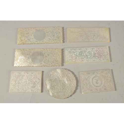 246 - A COLLECTION OF SEVEN 19TH CENTURY CANTONESE ENGRAVED MOTHER OF PEARL COUNTERS, with four Armorial p... 