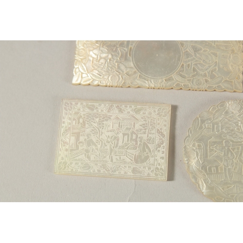 246 - A COLLECTION OF SEVEN 19TH CENTURY CANTONESE ENGRAVED MOTHER OF PEARL COUNTERS, with four Armorial p... 