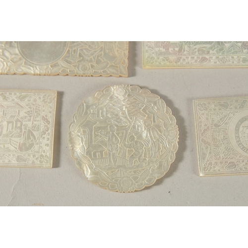 246 - A COLLECTION OF SEVEN 19TH CENTURY CANTONESE ENGRAVED MOTHER OF PEARL COUNTERS, with four Armorial p... 