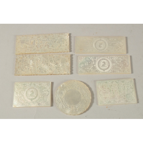 246 - A COLLECTION OF SEVEN 19TH CENTURY CANTONESE ENGRAVED MOTHER OF PEARL COUNTERS, with four Armorial p... 