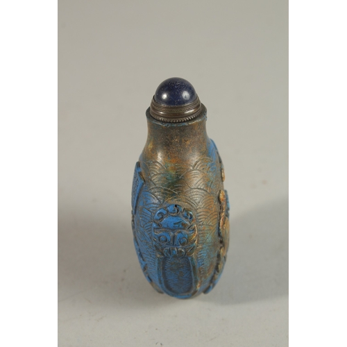 249 - A VERY FINE 19TH CENTURY CHINESE CARVED LAPIS SNUFF BOTTLE, with carved character mark, 8cm high.