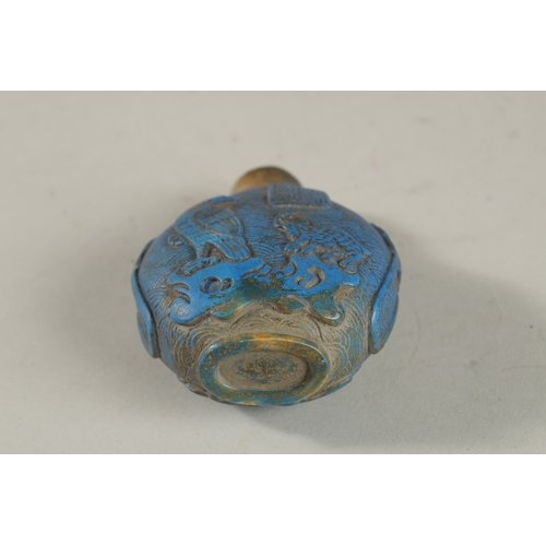 249 - A VERY FINE 19TH CENTURY CHINESE CARVED LAPIS SNUFF BOTTLE, with carved character mark, 8cm high.