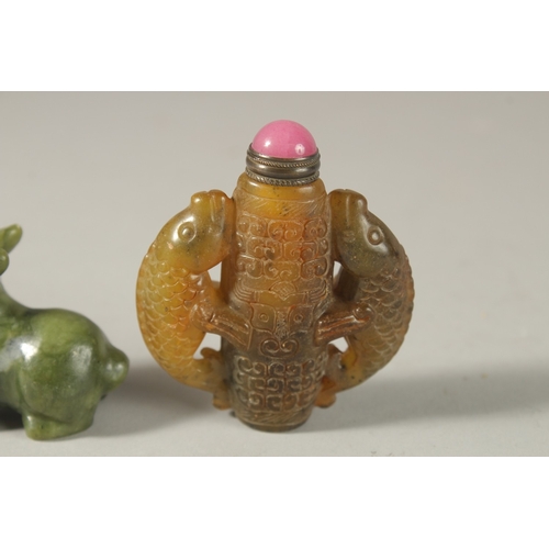 251 - A FINE CHINESE CARVED JADE RABBIT FORMED SNUFF BOTTLE, together with a carved jade snuff bottle with... 