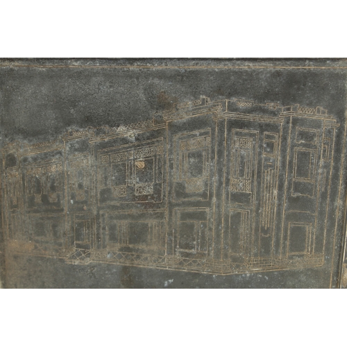 256 - A RARE INDIAN BIDRI SILVER INLAID TRAY, depicting a building, the reverse inscribed 'Lady Tasker in ... 