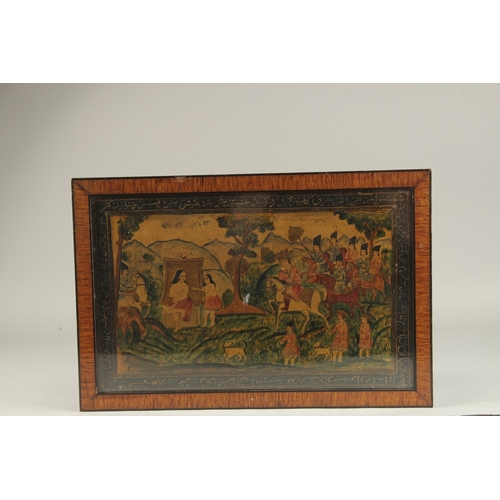 262 - A 19TH CENTURY PERSIAN QAJAR PAINTED AND LACQUERED PAPIER MACHE PANEL, depicting the story of Khosru... 