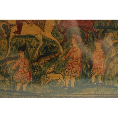 262 - A 19TH CENTURY PERSIAN QAJAR PAINTED AND LACQUERED PAPIER MACHE PANEL, depicting the story of Khosru... 