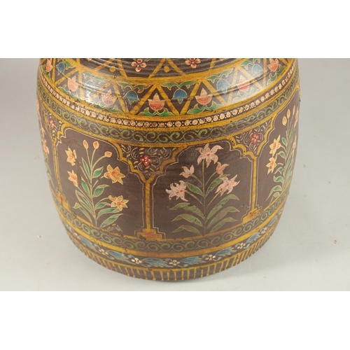 264 - A LARGE 19TH CENTURY INDIAN KASHMIR LACQUERED PAPIER MACHE VASE, painted with panels of flora, 41cm ... 