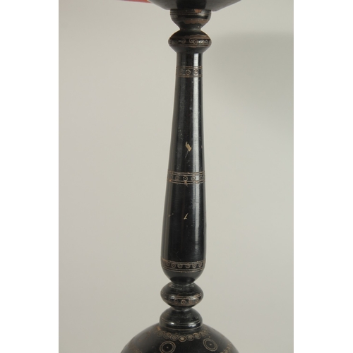 267 - A 19TH CENTURY INDIAN KASHMIR LACQUERED WOOD TABLE, with detachable base and three turned wooden leg... 