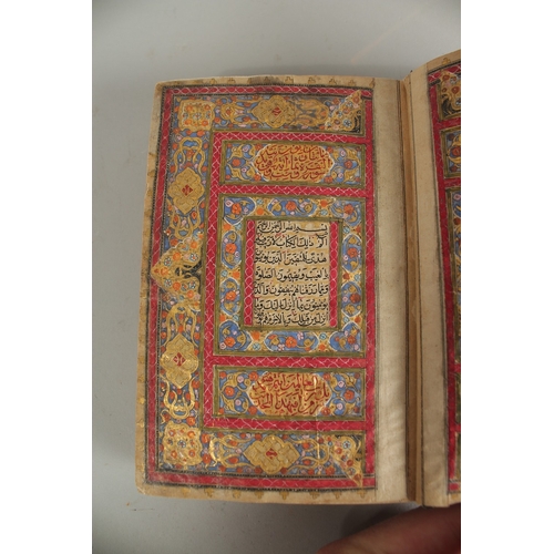 277 - A FINE 19TH CENTURY QAJAR POCKET SIZE QURAN, with original lacquered floral cover and finely gilded ... 