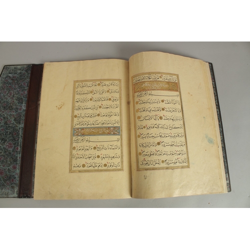 280 - A FINE 17TH CENTURY OTTOMAN LEATHER BOUND QURAN JUZ SECTION, with beautifully gilded illuminated sur... 