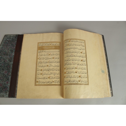 280 - A FINE 17TH CENTURY OTTOMAN LEATHER BOUND QURAN JUZ SECTION, with beautifully gilded illuminated sur... 