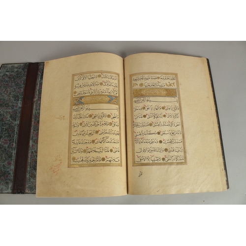 280 - A FINE 17TH CENTURY OTTOMAN LEATHER BOUND QURAN JUZ SECTION, with beautifully gilded illuminated sur... 