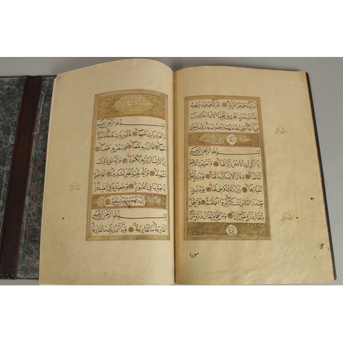 280 - A FINE 17TH CENTURY OTTOMAN LEATHER BOUND QURAN JUZ SECTION, with beautifully gilded illuminated sur... 